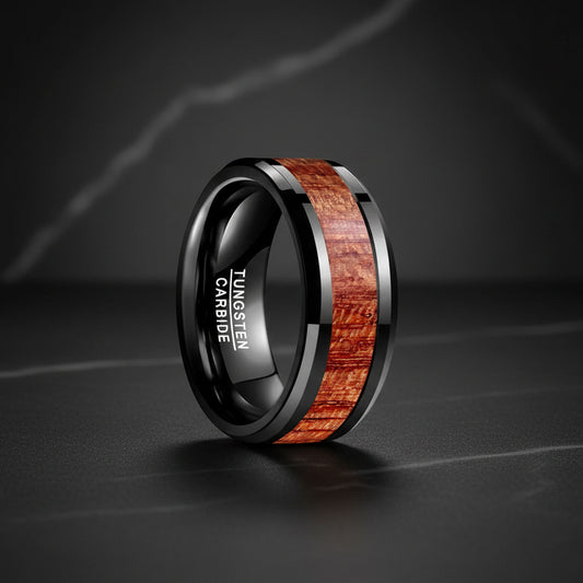 10mm Black Tungsten Rosewood Koa Wood Inlay Ring