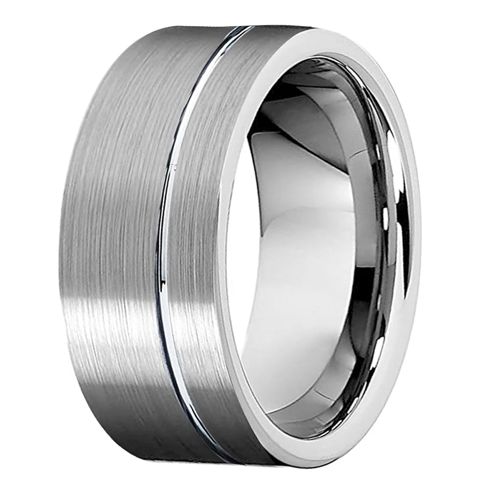 10mm Silver Tungsten Ring with Offset Line