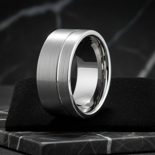 10mm Silver Tungsten Ring with Offset Line