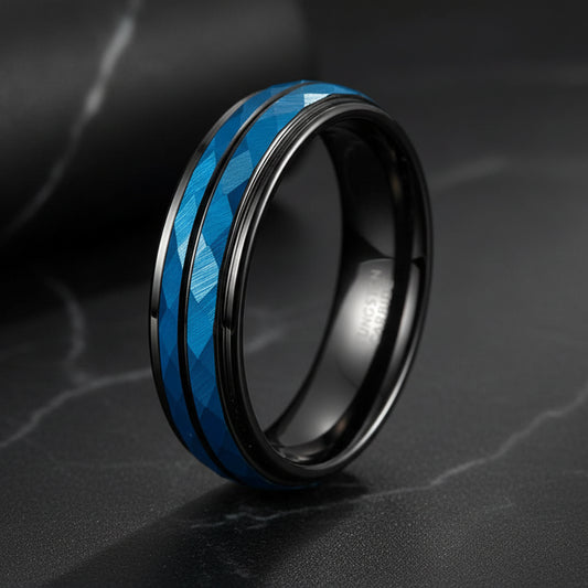 6mm Blue Hammered Tungsten Ring