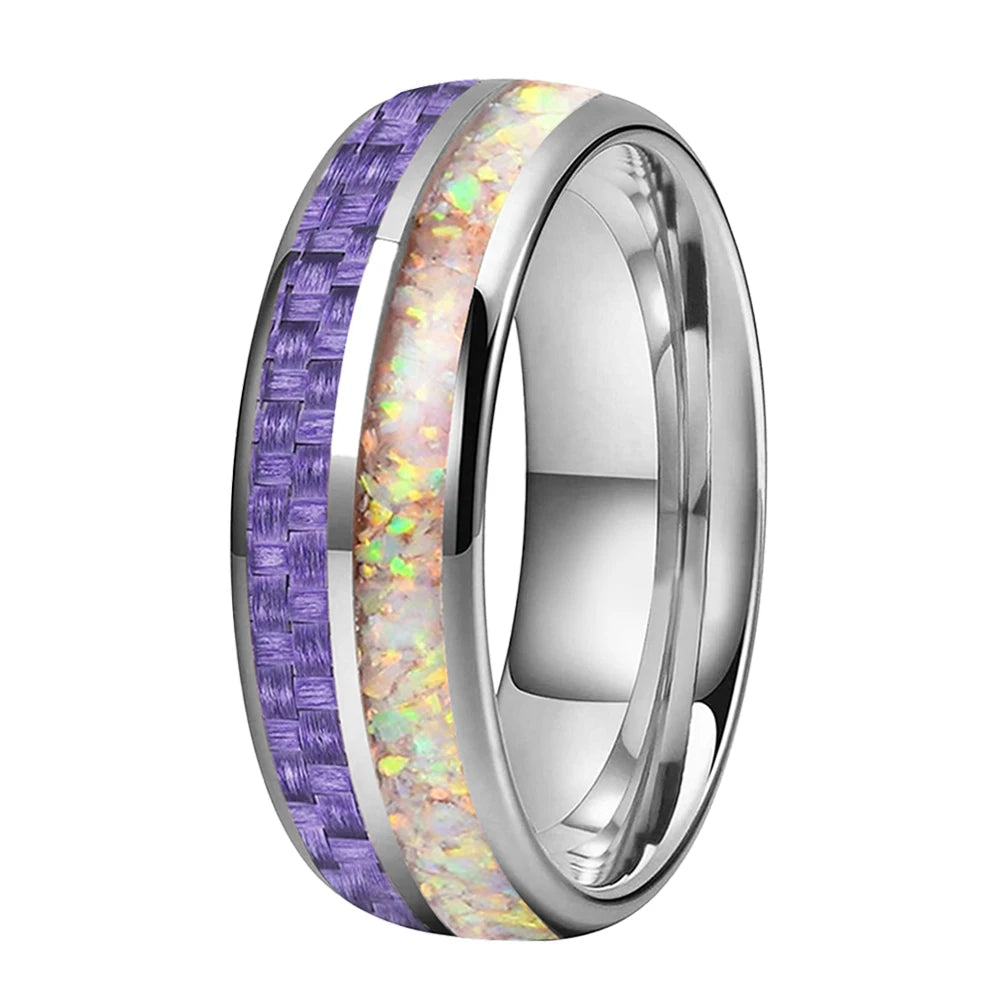 6mm Polished Tungsten Wedding Band with Purple Carbon Fiber & Pink Opal Inlay