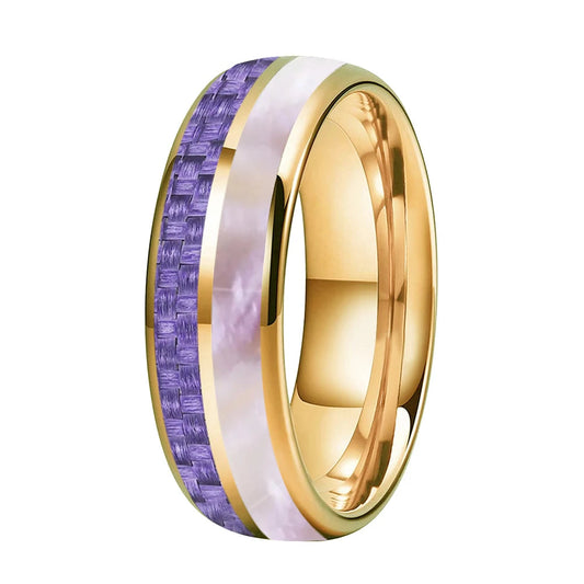 6mm Tungsten ring with Purple Carbon Fiber & Pink Abalone Inlay