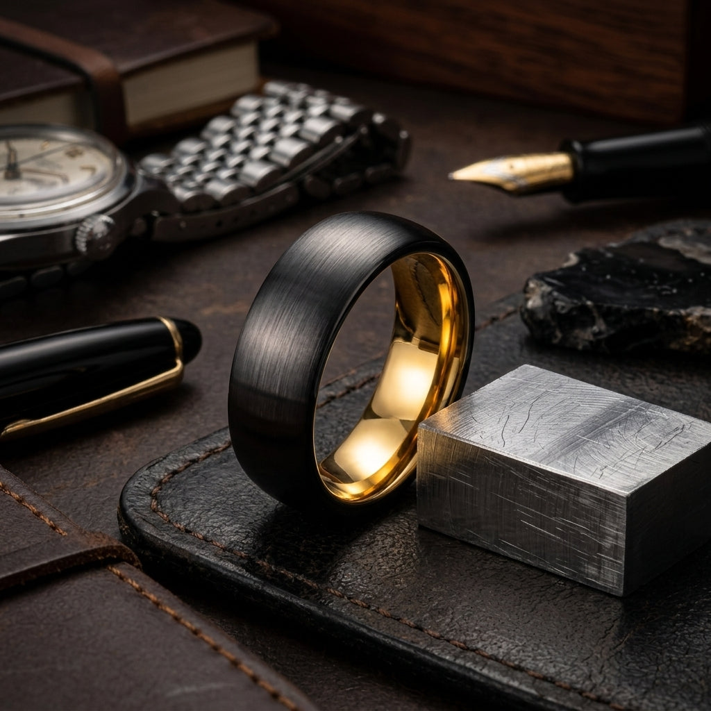 7MM Black & Gold Tungsten Wedding Band