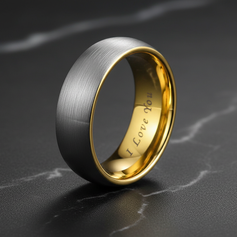 7mm Gold and Silver Tungsten Ring I Love You Engraved