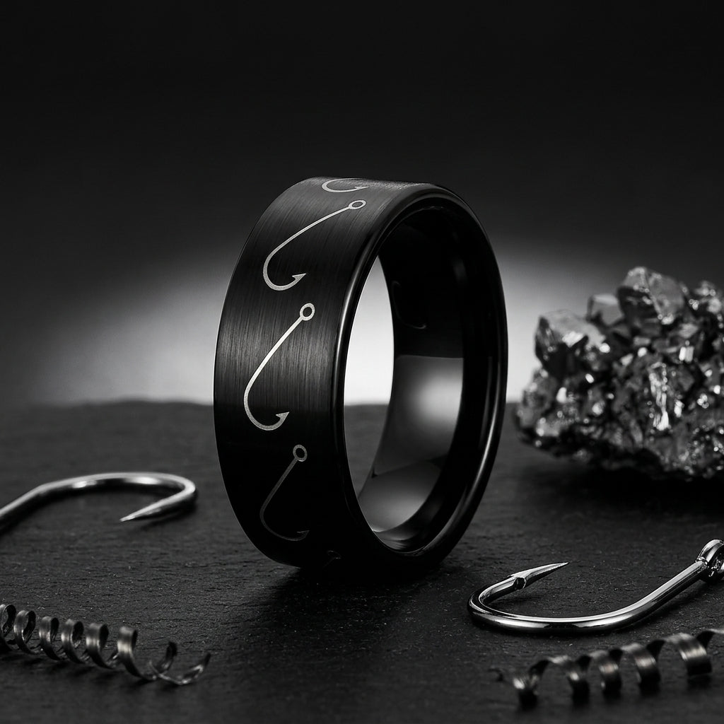 Black Tungsten Fishing Hook Ring