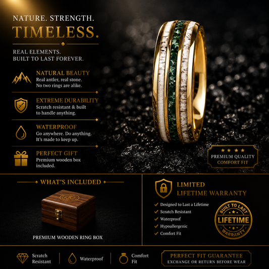 Gold Tungsten Ring with Antler & Moss Agate