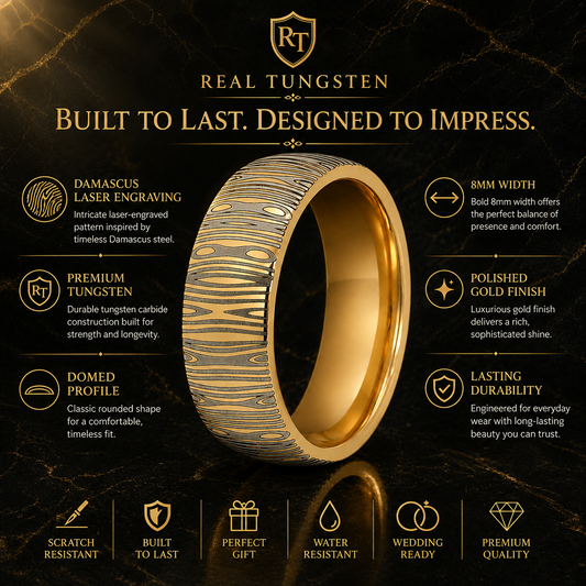 8MM Domed Tungsten Ring with Damascus Laser Engraving