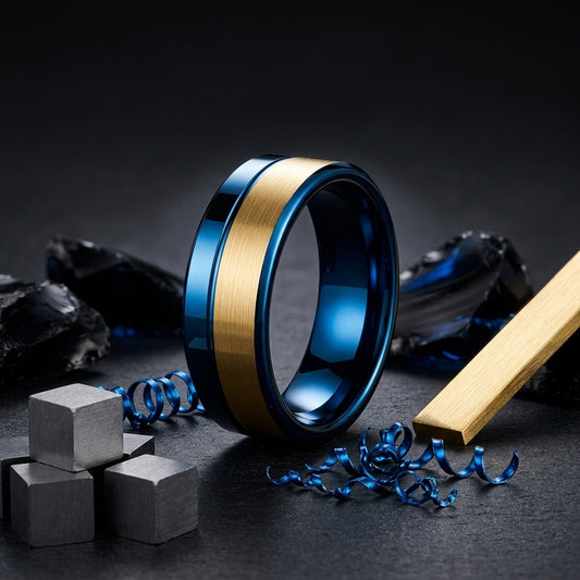 8MM Gold & Blue Tungsten Ring with Offset Groove