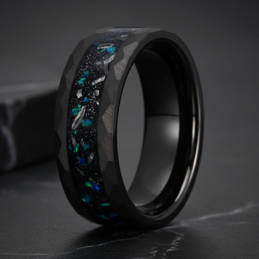8MM Hammered Black Tungsten Ring with Green Opal Inlay