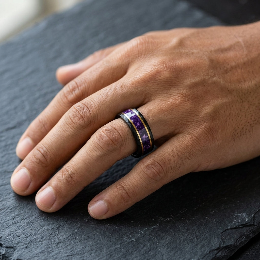 8MM Hammered Tungsten Ring with Purple Crystal Inlay