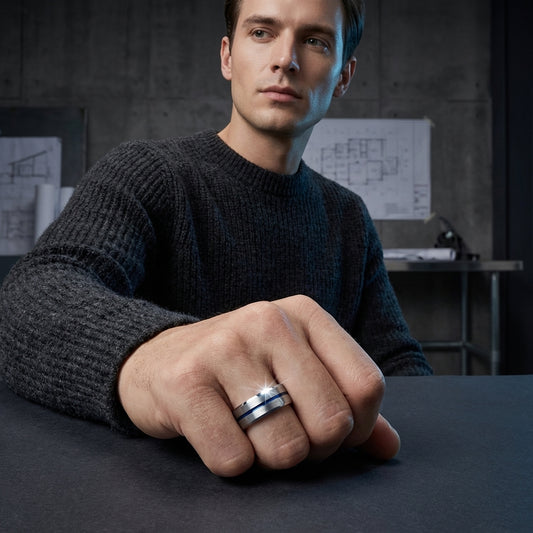 8MM Tungsten Ring with Blue Center Line & Beveled Edges
