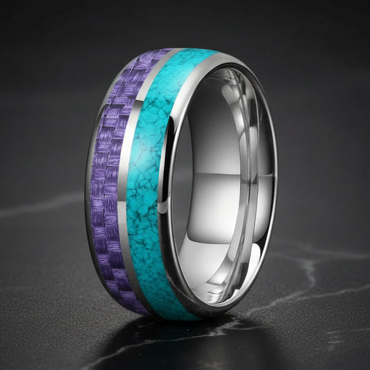 8MM Tungsten Ring with Purple Carbon Fiber & Turquoise