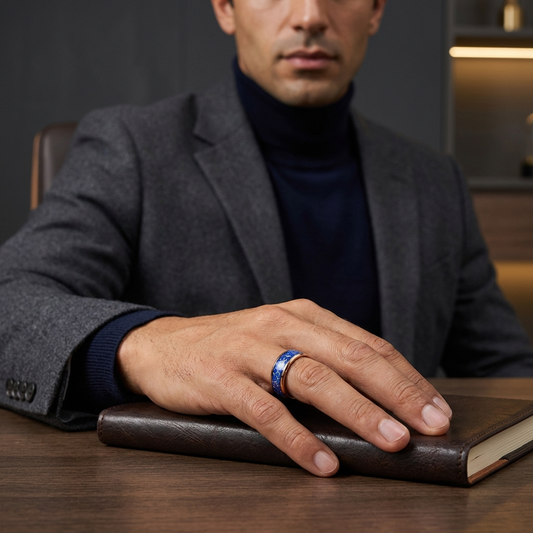 Tungsten Wedding Band with True Blue Galaxy Opal Inlay