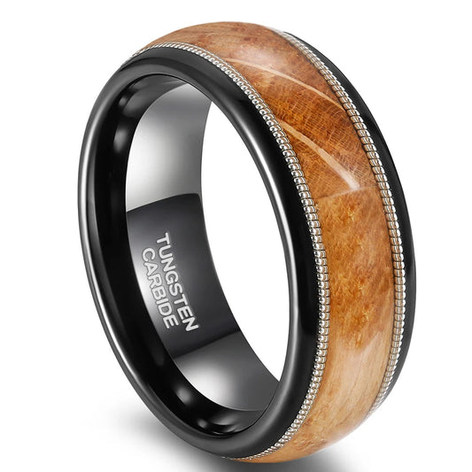 8mm-Black Tungsten Ring with Wood & Guitar String Inlay