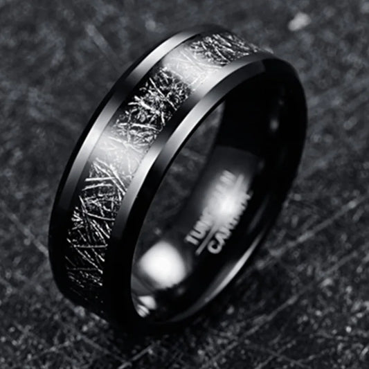 8mm Black Tungsten Ring – Meteorite & Carbon Fiber Inlay