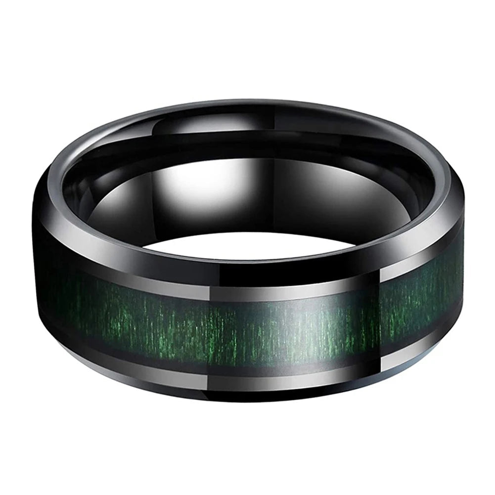8mm Black Tungsten Ring with Green Wood Inlay