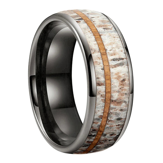 8mm Domed Tungsten Ring with Real Deer Antler Wood