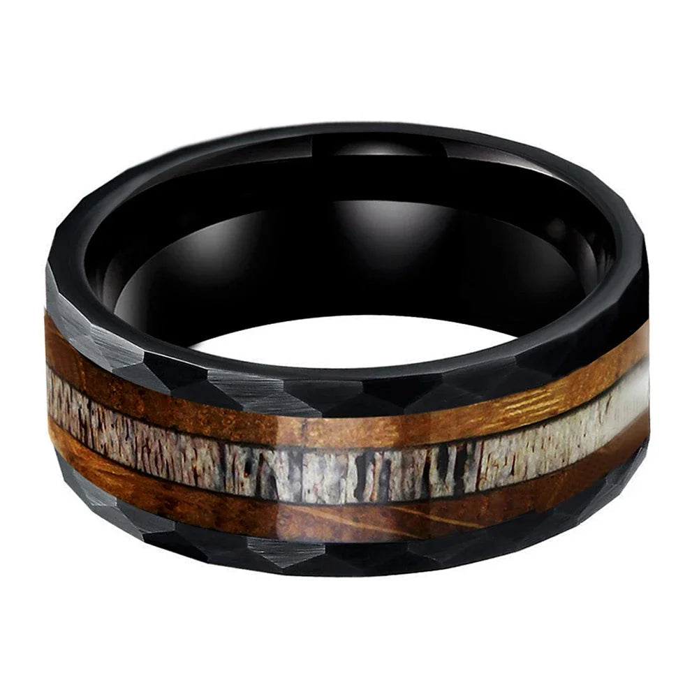 8mm Black Hammered Tungsten Ring with Deer Antler Inlay