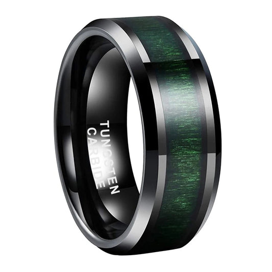 8mm Black Tungsten Ring with Green Wood Inlay