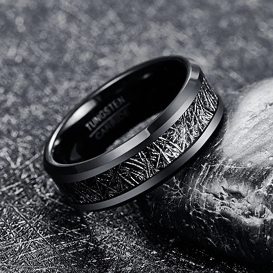 8mm Black Tungsten Ring – Meteorite & Carbon Fiber Inlay