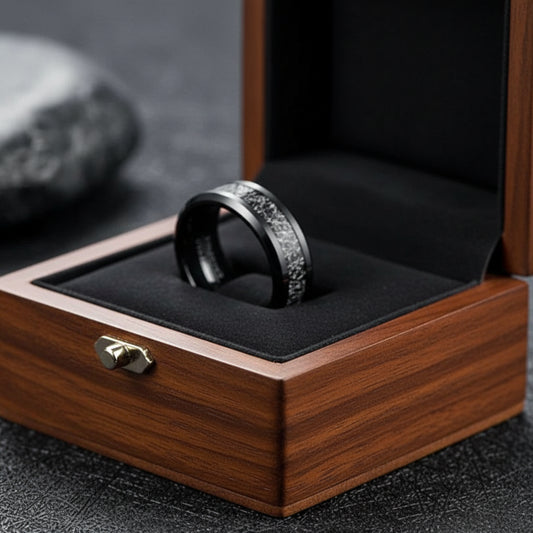 8mm Black Tungsten Ring – Meteorite & Carbon Fiber Inlay