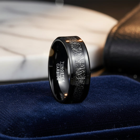 8mm Black Tungsten Ring – Meteorite & Carbon Fiber Inlay