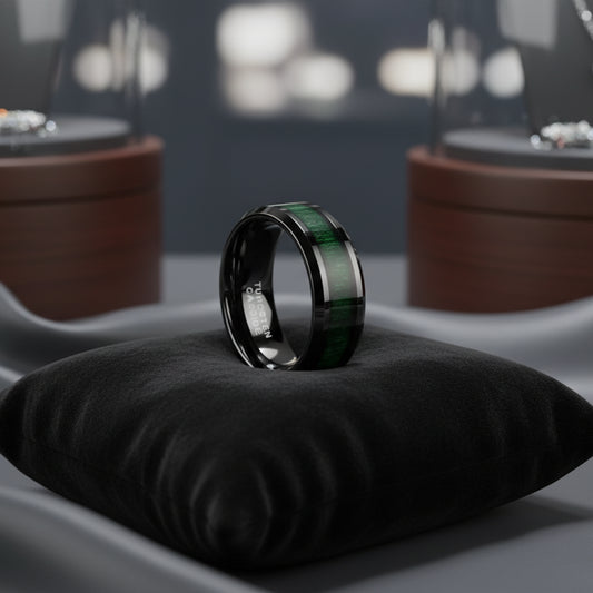 8mm Black Tungsten Ring with Green Wood Inlay