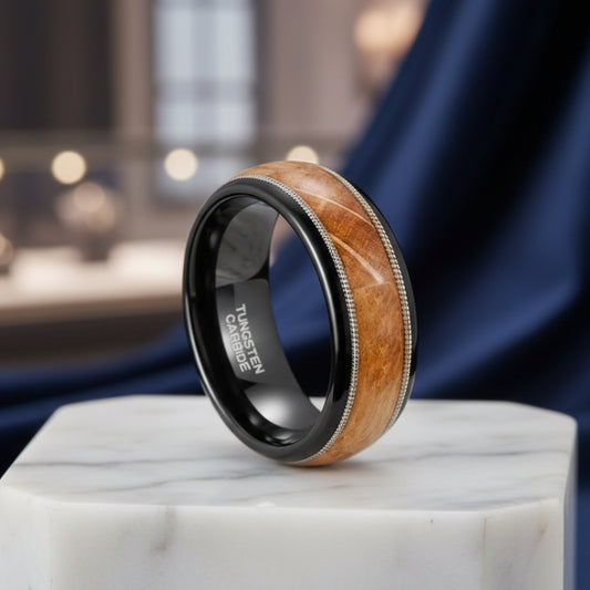8mm Black Tungsten Ring with Wood & Guitar String Inlay