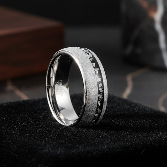 8mm Brushed Tungsten Ring – Matte Meteorite & Sand Inlay - Rings