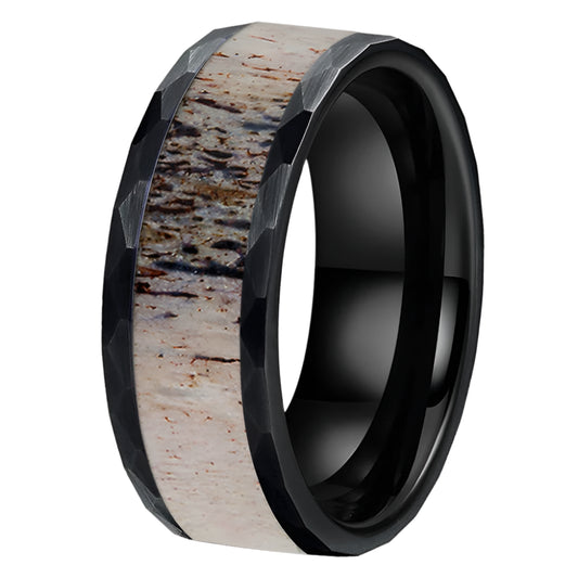8mm Deer Antler Tungsten Ring – Hammered Wedding Band