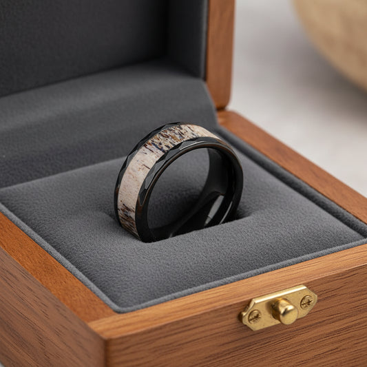 8mm Deer Antler Tungsten Ring – Hammered Wedding Band