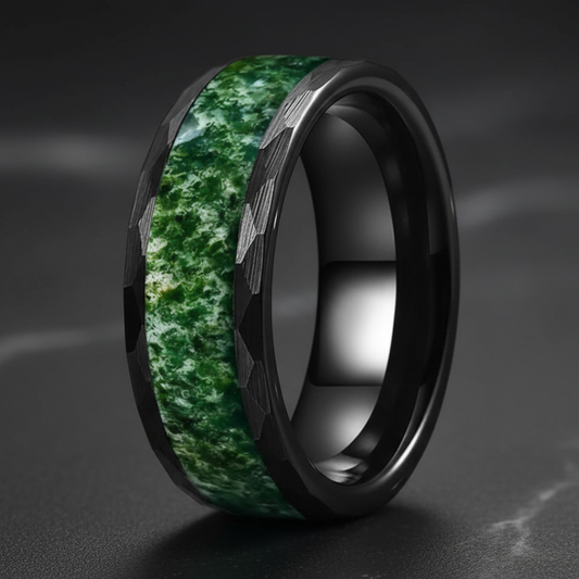8mm Hammered Black Tungsten Ring with Moss Agate Inlay