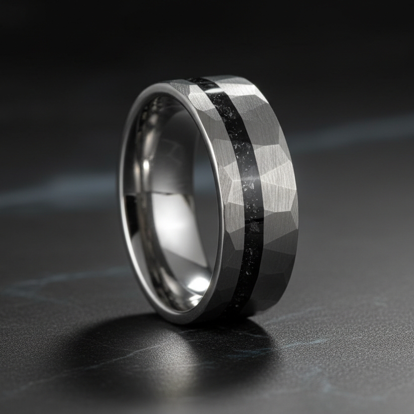 8mm Hammered Tungsten Ring – Opal Inlay