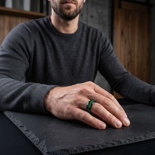 8mm Hammered Tungsten Ring with Green Opal Inlay