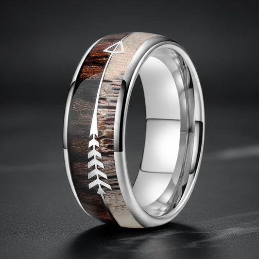 8mm Koa Wood, Zebra Wood & Antler Tungsten Ring