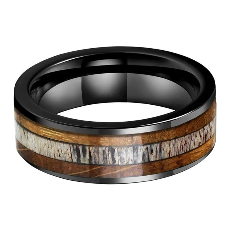 8mm Tungsten Deer Antler Ring with Whiskey Barrel Wood Inlay