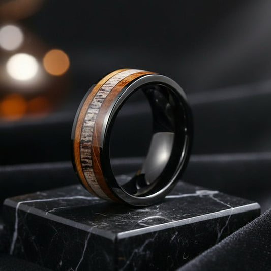 8mm Tungsten Deer Antler Ring with Whiskey Barrel Wood Inlay