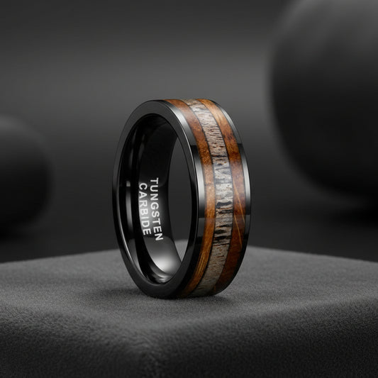 8mm Tungsten Deer Antler Ring with Whiskey Barrel Wood Inlay