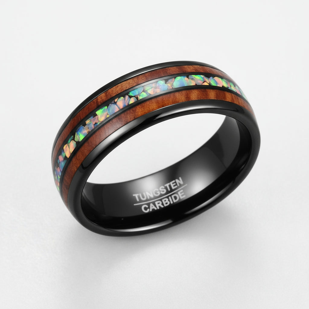 8mm Tungsten Ring Men Women Opal Koa Wood Rainbow Inlay