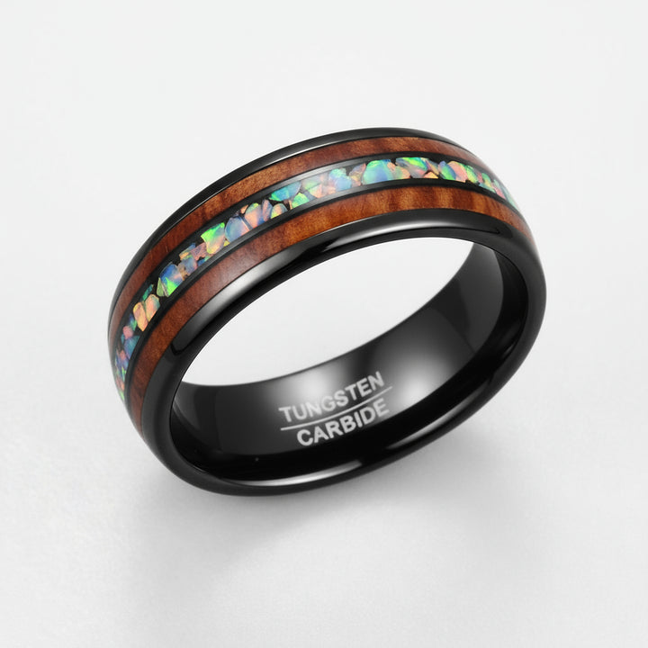 8mm Tungsten Ring Men Women Opal Koa Wood Rainbow Inlay