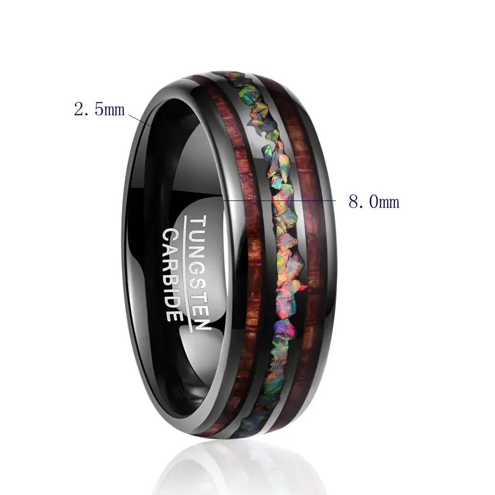 8mm Tungsten Ring Men Women Opal Koa Wood Rainbow Inlay
