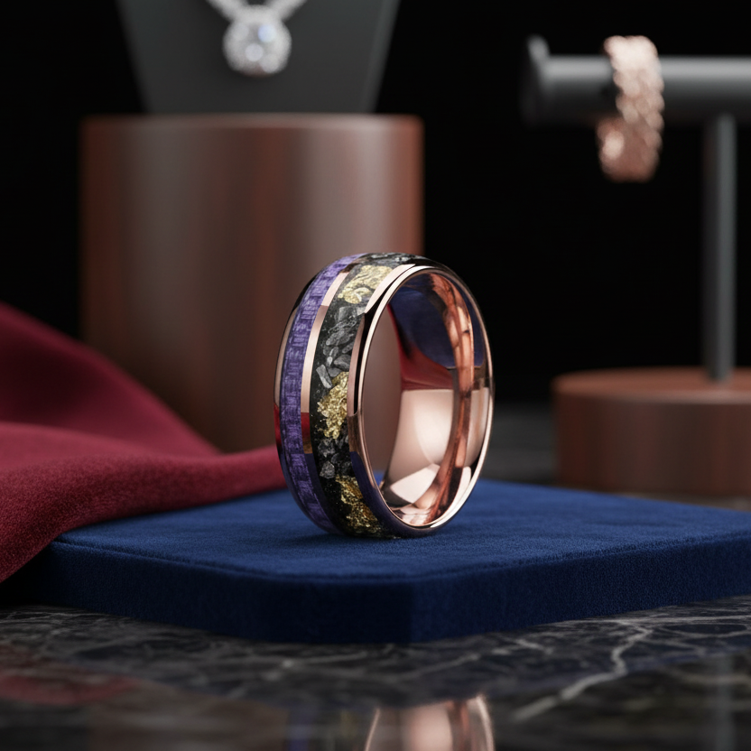 8mm Tungsten Ring ā Purple Carbon Fiber, Meteorite & Gold Foil