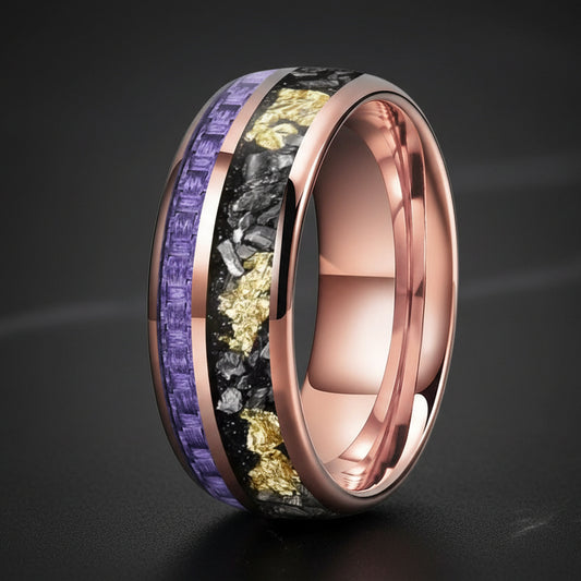 8mm Tungsten Ring – Purple Carbon Fiber, Meteorite & Gold Foil