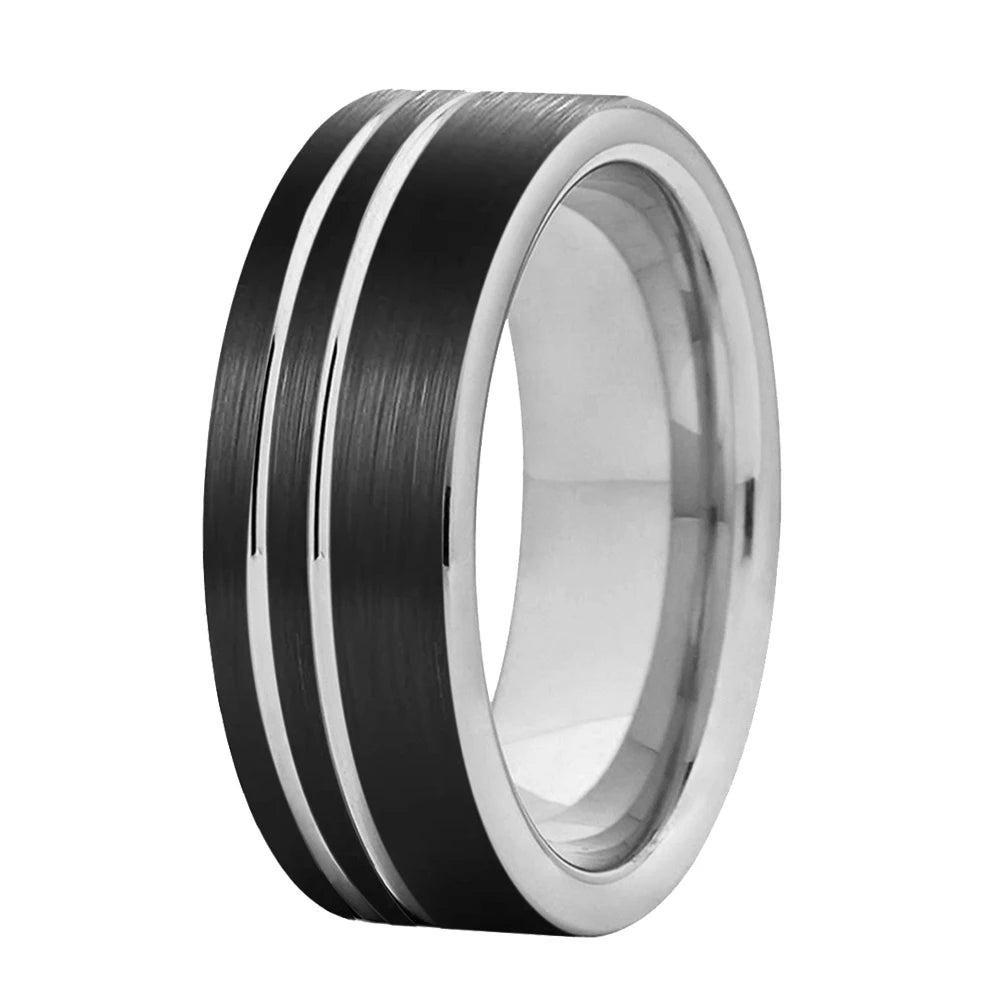 Tungsten Ring with Double Groove and Brushed Finish