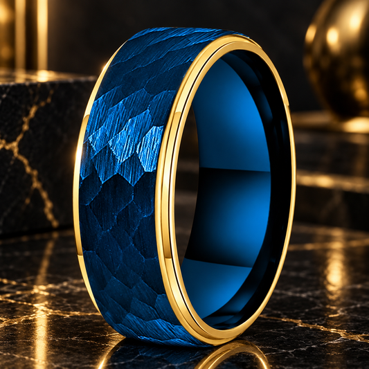 8mm Two Tone Hammered Tungsten Ring with Stepped Finish