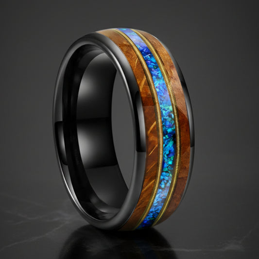 8mm Whiskey Wood Tungsten Ring with blue Opal Inlay