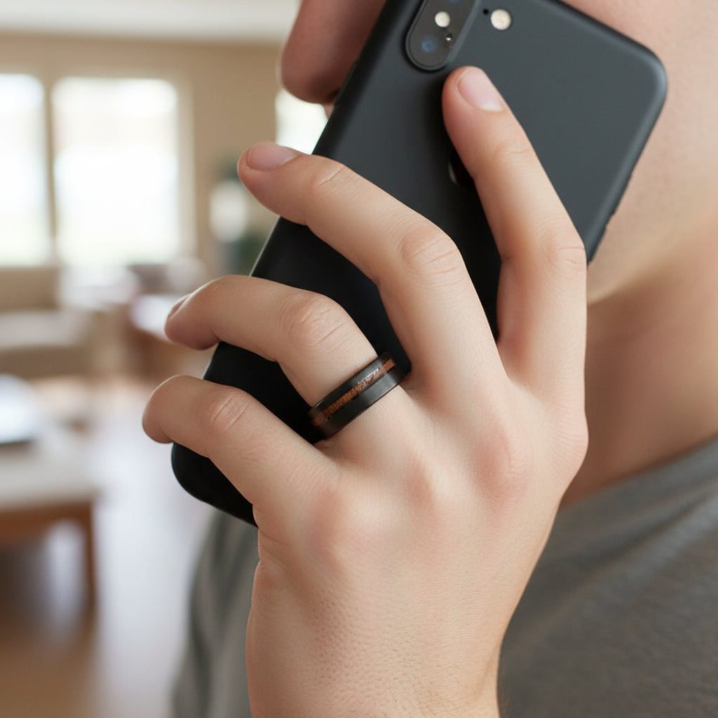 8mm Wood Grain Black Ring for Men