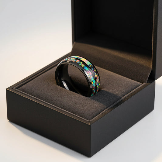 8mm Tungsten Ring Men Women Opal Koa Wood Rainbow Inlay