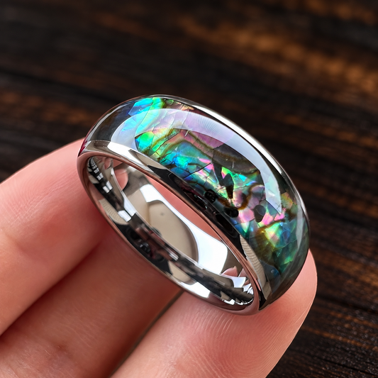 Domed Tungsten Ring with Abalone Shell Inlay