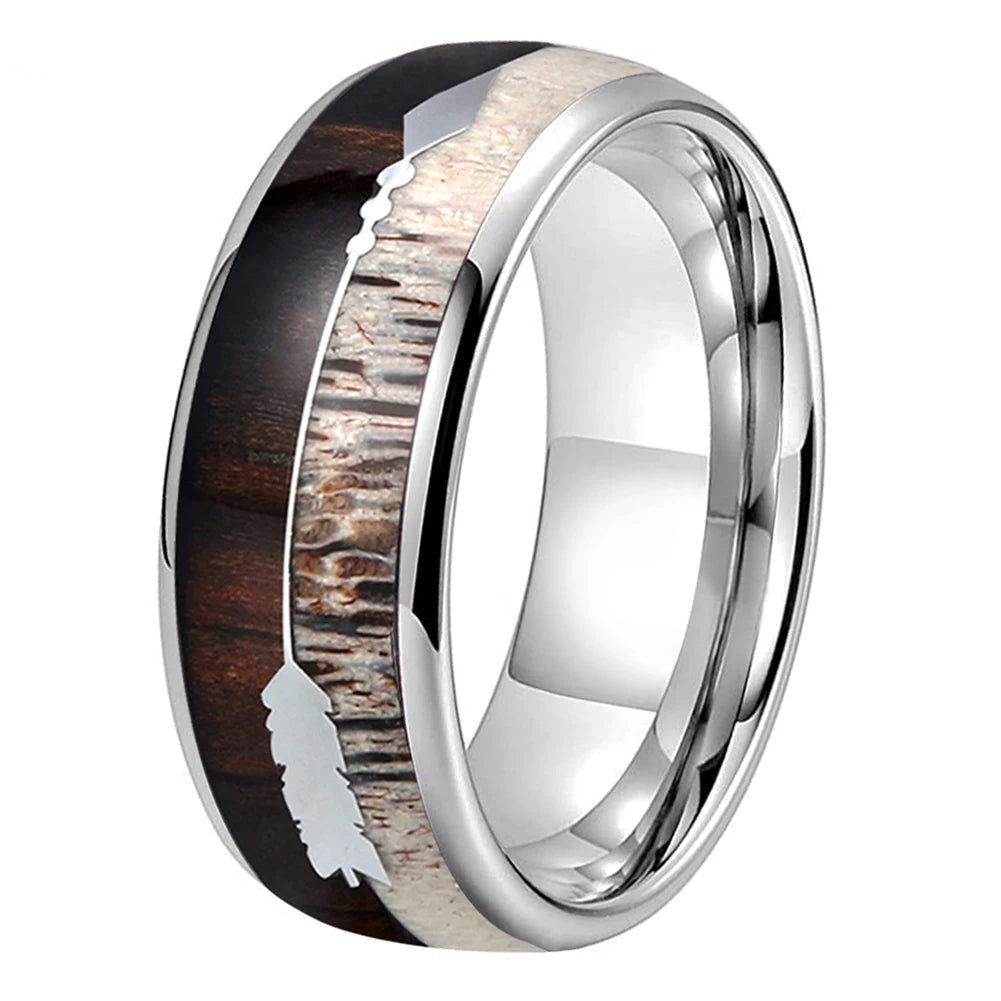 Arrow Deer Antler Koa Wood Inlay Tungsten Ring